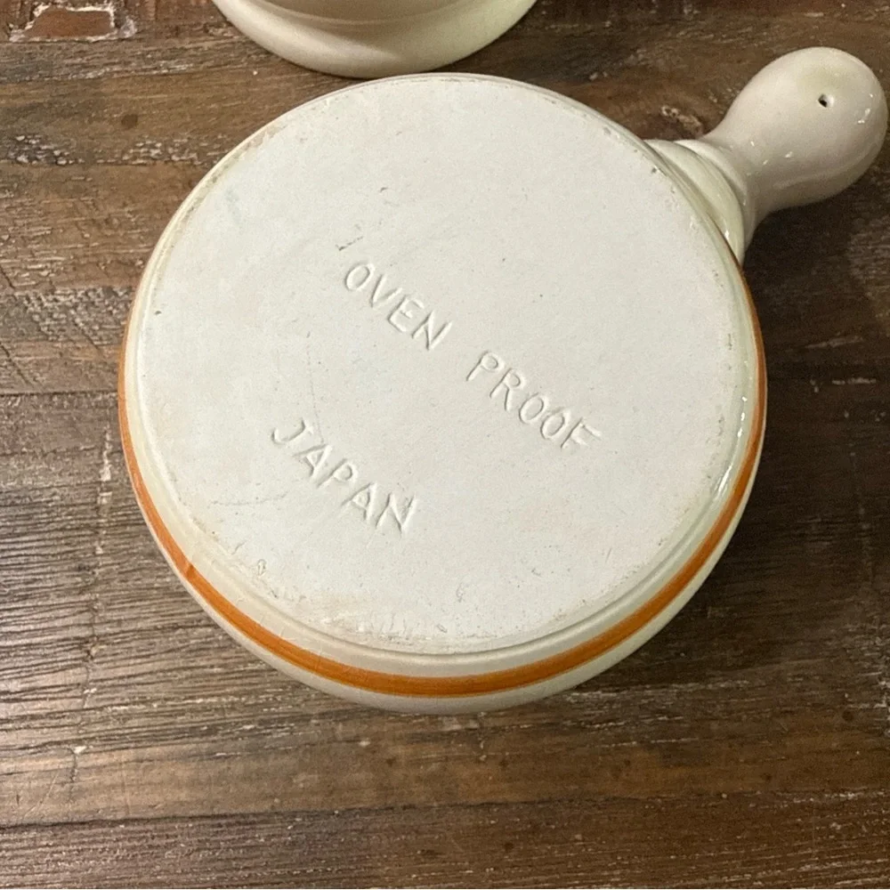 Cream Ceramic Handled Soup Bowls with Orange Trim and Mushroom Design - Set of 4